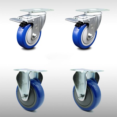 Service Caster 4 Inch SS Blue Polyurethane Top Plate Caster Lock Brake 2 Rigid SCC, 2PK SCC-SSTTL20S414-PPUB-BLUE-2-R-2